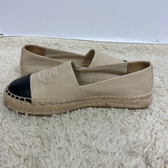 Tory Burch Benton Color Block Espadrille-Nappa Leather Size 7.5 Ivory Black‎ - Picture 8 of 11
